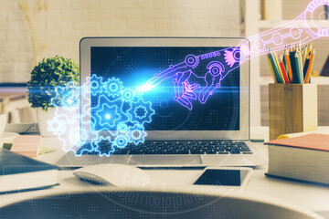 Multi exposure of desktop with personal computer and tech theme drawing. Concept of Bigdata.