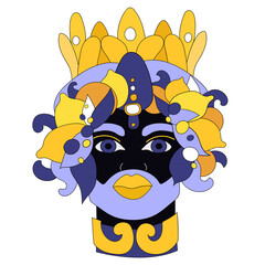 Sicilian vase with moor head. Moorish, mask. Italy, Sicily. Vector illustration of sicilian symbol, souvenir. Planter head. Postcard, print design. Baroque