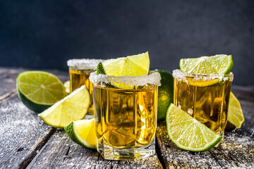 Golden tequila shots. Three tequila shot glasses with salt and lime slices, on wooden background...