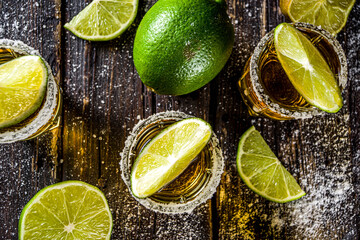 Golden tequila shots. Three tequila shot glasses with salt and lime slices, on wooden background...