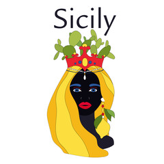 Traditional sicilian vase with moor head and cacti. Moorish idol. Italy, Sicily. Vector illustration of sicilian symbol, souvenir. Postcard, print design. Woman, queen