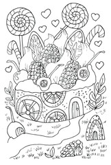 Anti-stress coloring book for children and adults. Linear drawing of a magic cake house. Fantastic sweet house with fruit and berries. Vector contour drawing. hand-drawn sketch.
