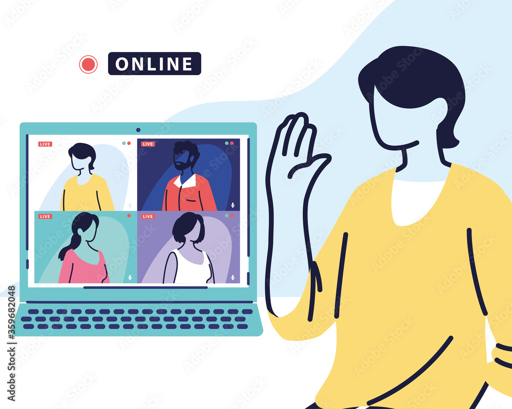 Poster man using computer for virtual meeting, videoconference, remote work, technology