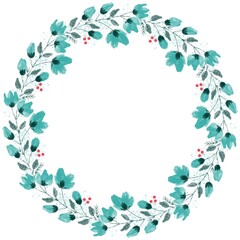 Watercolor Wreath with red berries and blue flowers