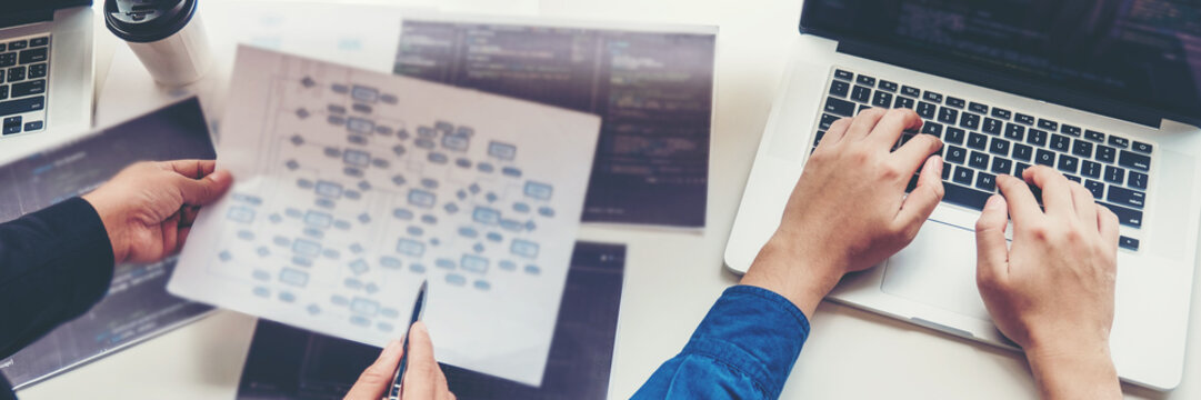 Developing programmer Team Development Website design and coding technologies working in software company office