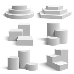 White 3d podium. Realistic pedestal cylinder and round stand stages, geometric 3d presentation platform vector illustration set. Stage pedestal platform for presentation, realistic base geometric