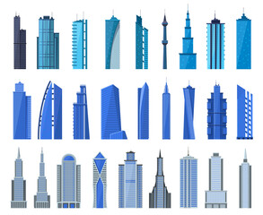 City buildings. Modern office building exterior, business city skyscrapers, architecture cityscape tall houses vector illustration icons set. Skyscraper office building, tall exterior construction