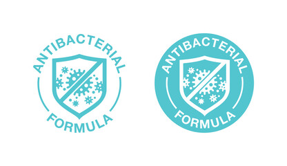 Antibacterial formula stamp - shield with crossed bacteries inside - vector isolated sign for antiseptic cosmetics and medical pharmaceutical products
