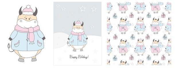 Cute ox in a scarf illustration. Winter hand drawn cards and seamless pattern. Bull. 2021. Happy holidays. Christmas and New Year..