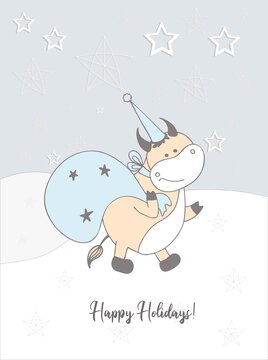 New Year's card of 2021. a wave or a bull. Winter hand drawn card. happy Holidays.