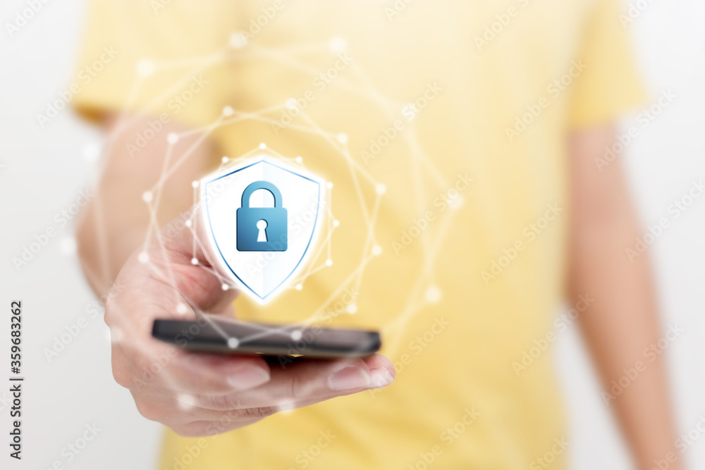 Poster close-up image of male hand using mobile smart phone with icon graphic cyber security network of con