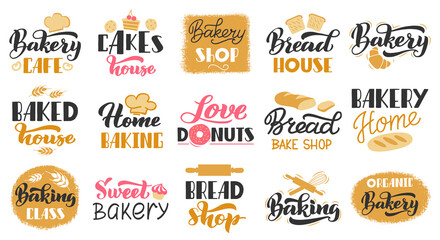 Bakery hand drawn lettering. Pastry bread hand drawn lettering labels, baking foods badges. Bakery pastry cafe stamps vector isolated icons set. Bakery organic bread, shop lettering badge illustration