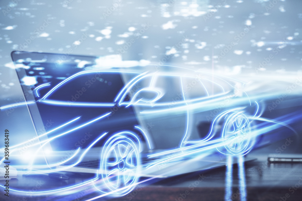 Aufkleber Desktop computer background in office with automobile hologram drawing. Multi exposure. Tech concept.