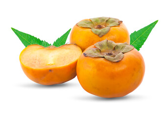 Tropical fruit persimmon. Kaki with leaves on white background.