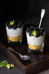 Chia pudding with blackberries and corn flakes 
