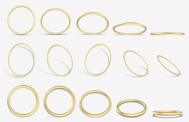 Realistic golden 3D ring. Gold decorative geometric round rings, 3d yellow gold metallic rings vector illustration icons set. Golden ring realistic, bright jewelry, luxurious glowing