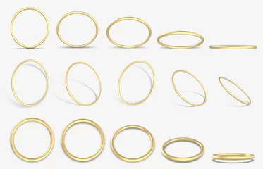 Fotobehang Realistic golden 3D ring. Gold decorative geometric round rings, 3d yellow gold metallic rings vector illustration icons set. Golden ring realistic, bright jewelry, luxurious glowing © WinWin
