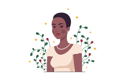 African fashion woman, minimalist style. Cartoon lady with dark skin and short hairstyle in the garden