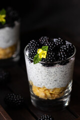 Chia pudding with blackberries and corn flakes 