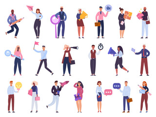 Fototapeta na wymiar Business workers. Office people characters team, brainstorming, time management and startup business isolated vector illustration set. Characters businesswoman and man, teamwork community company