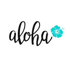 Aloha - hand written lettering. Text isolated on white background with design elements. Summer typography for photo overlays, t-shirt print, flyer, poster design. Beach life message © Darya