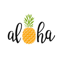Aloha - hand written lettering. Text isolated on white background with design elements. Summer typography for photo overlays, t-shirt print, flyer, poster design. Beach life message © Darya