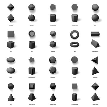 Realistic geometric 3D shapes. Basic geometric polygonal figures, cube, pyramid, sphere and prism model isolated vector illustration icons set. Polygonal realistic construction, cube and pyramid