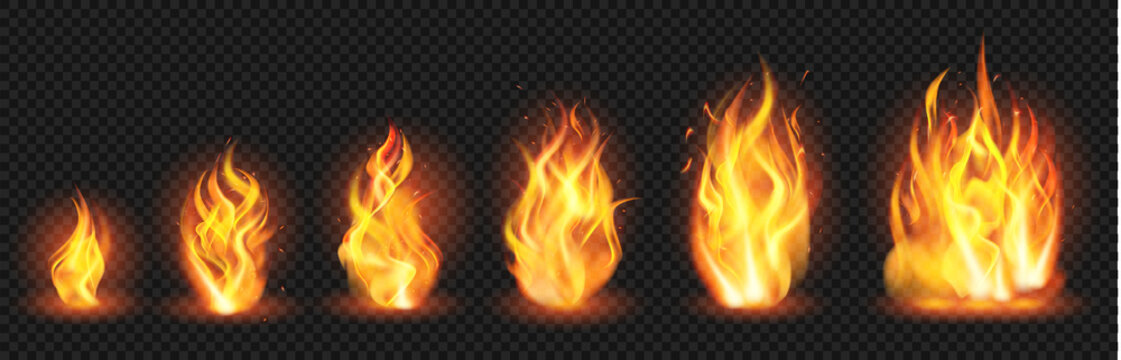 Realistic flame concept. Flaring fire blaze, various size burning spurts of flame, growing wildfire flames isolated vector illustration set. Blaze burn, hot flaming, bonfire ignite transparent