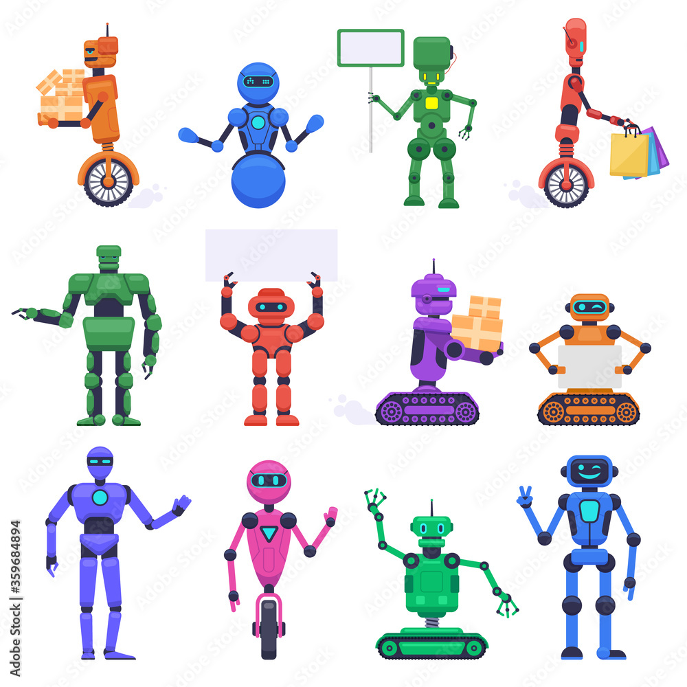 Poster robot characters. robotic mechanical humanoid characters, chatbot assistant mascots, technology andr