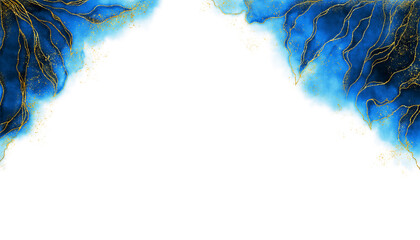 Watercolor background drawn by brush. Blue paints spilled on paper. Golden shiny veins and cracked marble texture. Elegant luxury wallpaper for design, print, invitations.