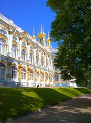 Facade and golden domes of Catherine Palace located in suburb of St Petersburg, in city of Pushkin,...
