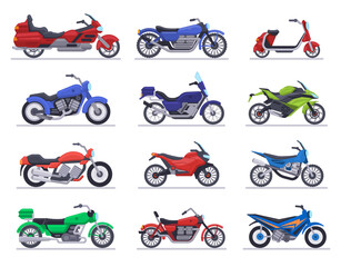 Motorbike models. Motorcycle, scooter and speed race bike, modern moto vehicles, choppers motor transport isolated vector illustration icons set. Motorcycle transportation fast and power transport