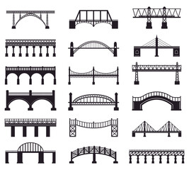 Bridge construction silhouette. River bridge architecture building, bridge transportation carriageway silhouette vector illustration icons set. Building architecture, railway and pedestrian - obrazy, fototapety, plakaty
