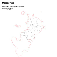 Moscow map. City border, administrative districts. Isolated polygons