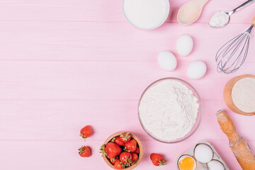 Flat lay cooking food composition of ingredients for baking homemade strawberry pie