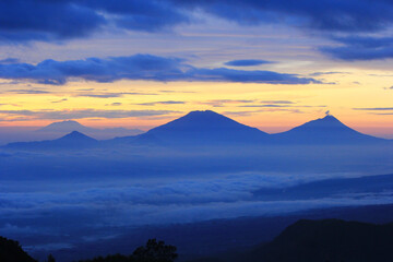sunset in the mountains OF PRAU,, WONOSOBO, INDONESIA
