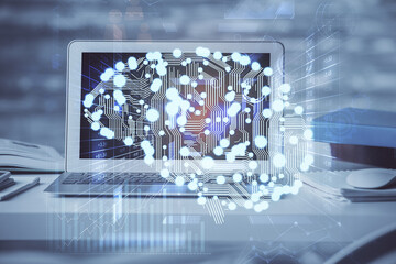 Multi exposure of work table with computer and brain hologram. Brainstorm concept.