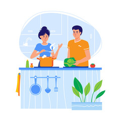 Young couple cooking in a kitchen in a flat design. The family prepares and tastes food. Vector illustration