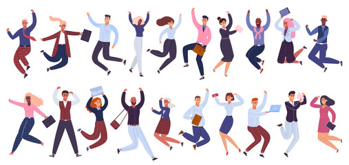 Fototapeta na wymiar Jumping business people. Happy businessman, office workers jumped together, success celebration colleagues isolated vector illustration set. Businessman cartoon jumping together employee