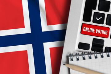Online voting concept in Kingdom of Norway. Keyboard near country flag