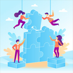 Teamwork concept with jigsaw puzzle elements in a flat design. Business people put together a puzzle. Trend soft gradient, Vector illustration