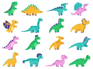 Cute dinosaurs. Hand drawn comic dinosaurs, funny dino characters, tyrannosaurus, stegosaurus and diplodocus vector isolated illustration set. Dinosaur animal, triceratops dino