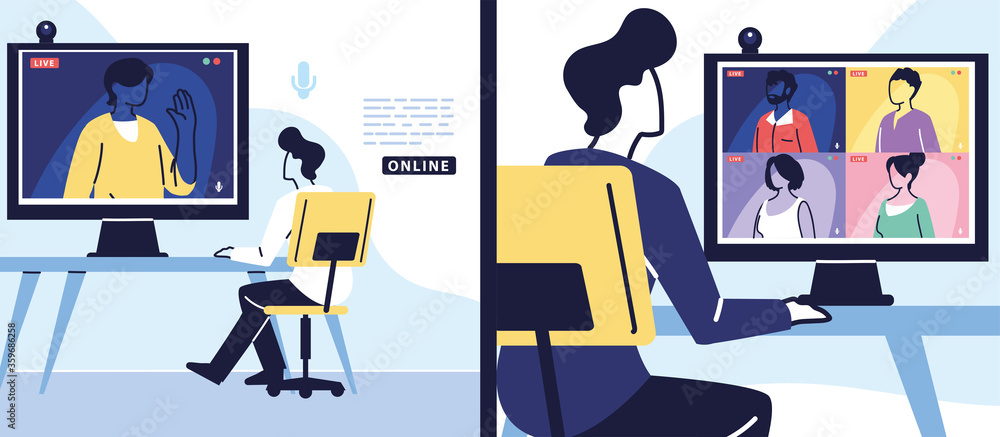 Poster man using computer for virtual meeting, banner