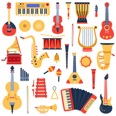 Music instruments. Musical classical instruments, guitars, saxophone, drum and violin, jazz band music instruments vector illustration icons set. Drum and trumpet, tambourine and sound classic