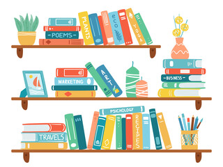 Interior bookshelves. Books at bookshelf, textbooks pile, school education or bookstore shelf, library bookcase isolated vector illustration set. School archive and bookshop, bookcase and bookshelf