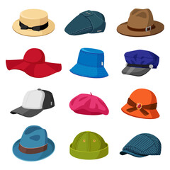 Headwear hats. Men and women elegant headwear, modern and retro caps, stylish hats and caps, fashion accessories vector illustration icons set. Cap and headdress, stylish headgear various