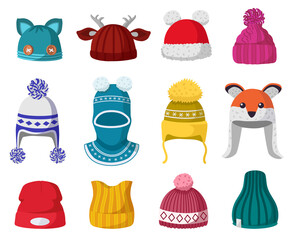 Knitted winter hats. Kids knit warm headwear, autumn and winter accessories isolated vector illustration icons set. Winter hat and clothing, wear apparel, childish accessory headwear
