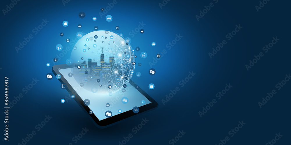 Poster futuristic smart city, iot and cloud computing design concept with polygonal mesh, cluster and nodes