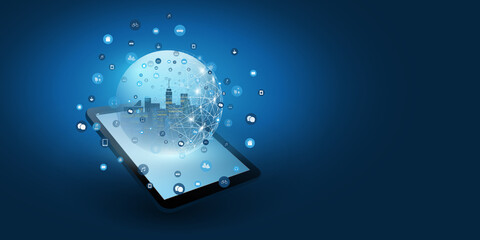 Futuristic Smart City, IoT and Cloud Computing Design Concept with Polygonal Mesh, Cluster and Nodes - Digital Network Connections, Technology Background © bagotaj