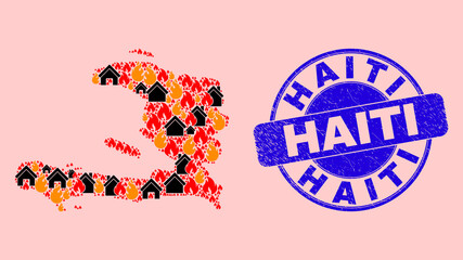 Fire hazard and houses collage Haiti map and Haiti scratched stamp imitation. Vector collage Haiti map is organized from scattered burning villages.